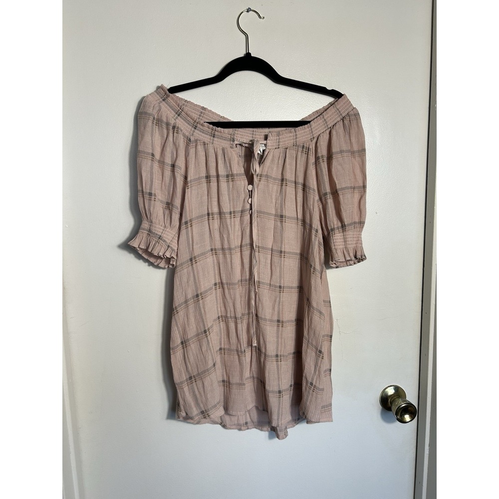 Perch by Blu Pepper Plaid Off Shoulder Blouse Pink Gray 2XL Plus Boho Peasant